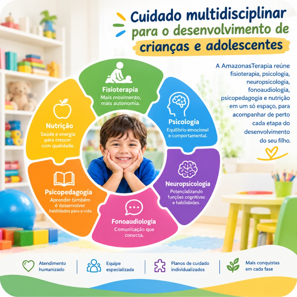 Cuidado multidisciplinar AmazonasTerapia: fisioterapia, psicologia, neuropsicologia, fonoaudiologia, psicopedagogia e nutrição